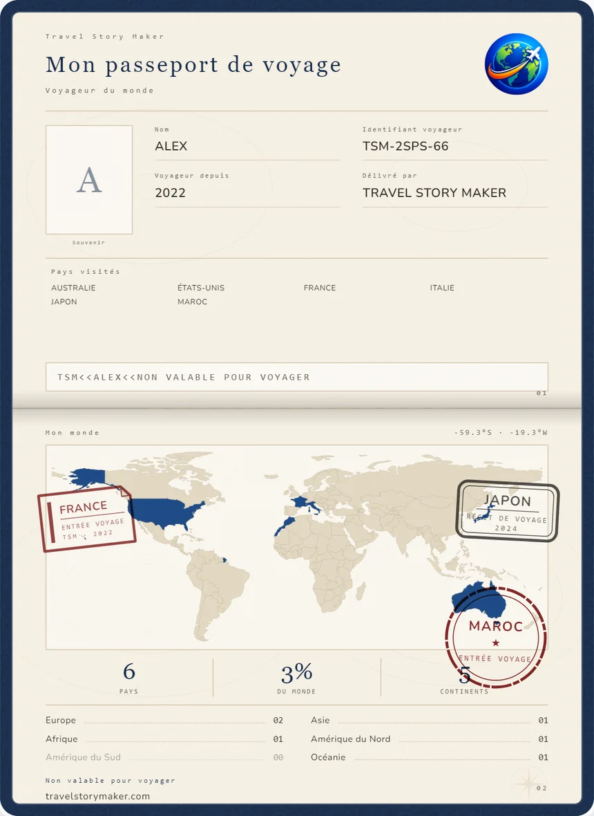 Exemple de passeport souvenir avec carte du monde, statistiques de voyage et tampons décoratifs des pays.