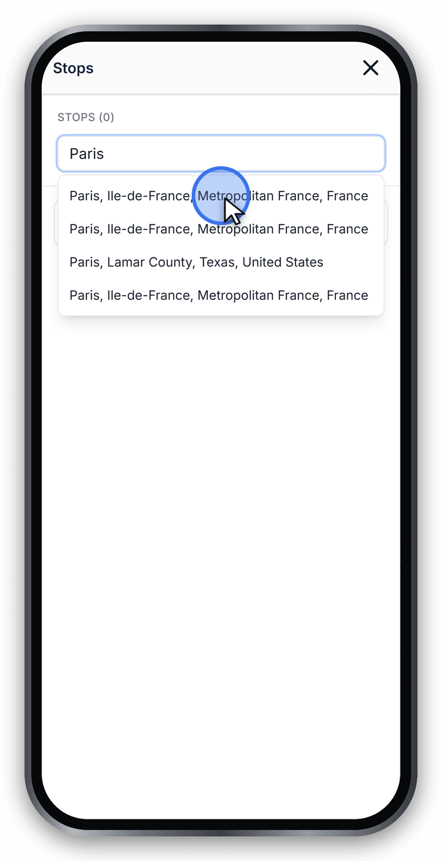 Searching for Paris and picking it from the geocoding results