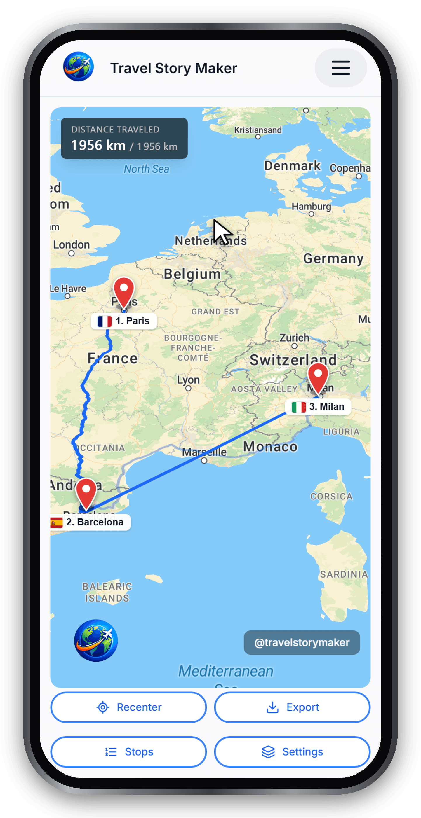 Paris to Barcelona to Milan route shown on the map