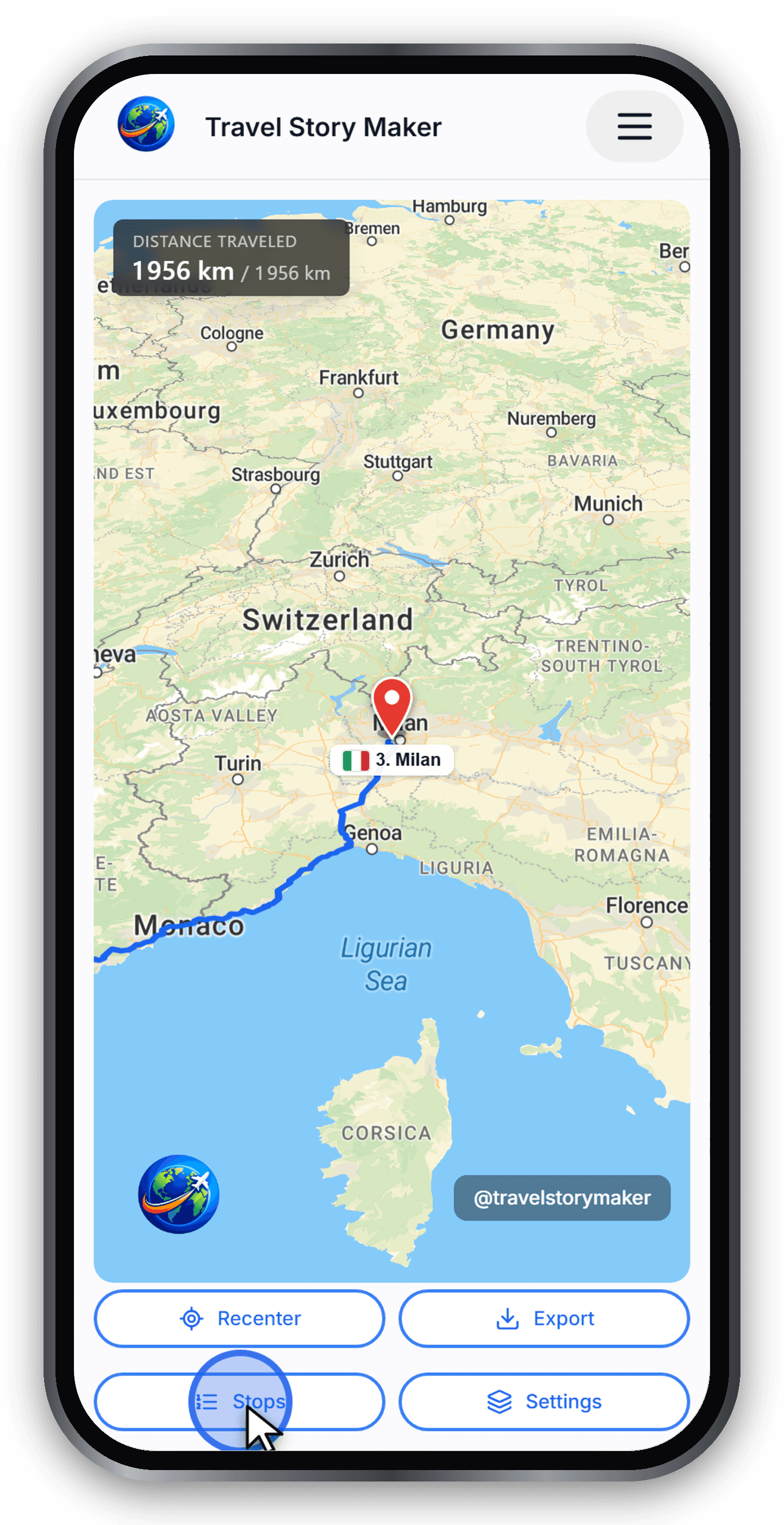 The stops list showing Paris, Barcelona and Milan with their legs