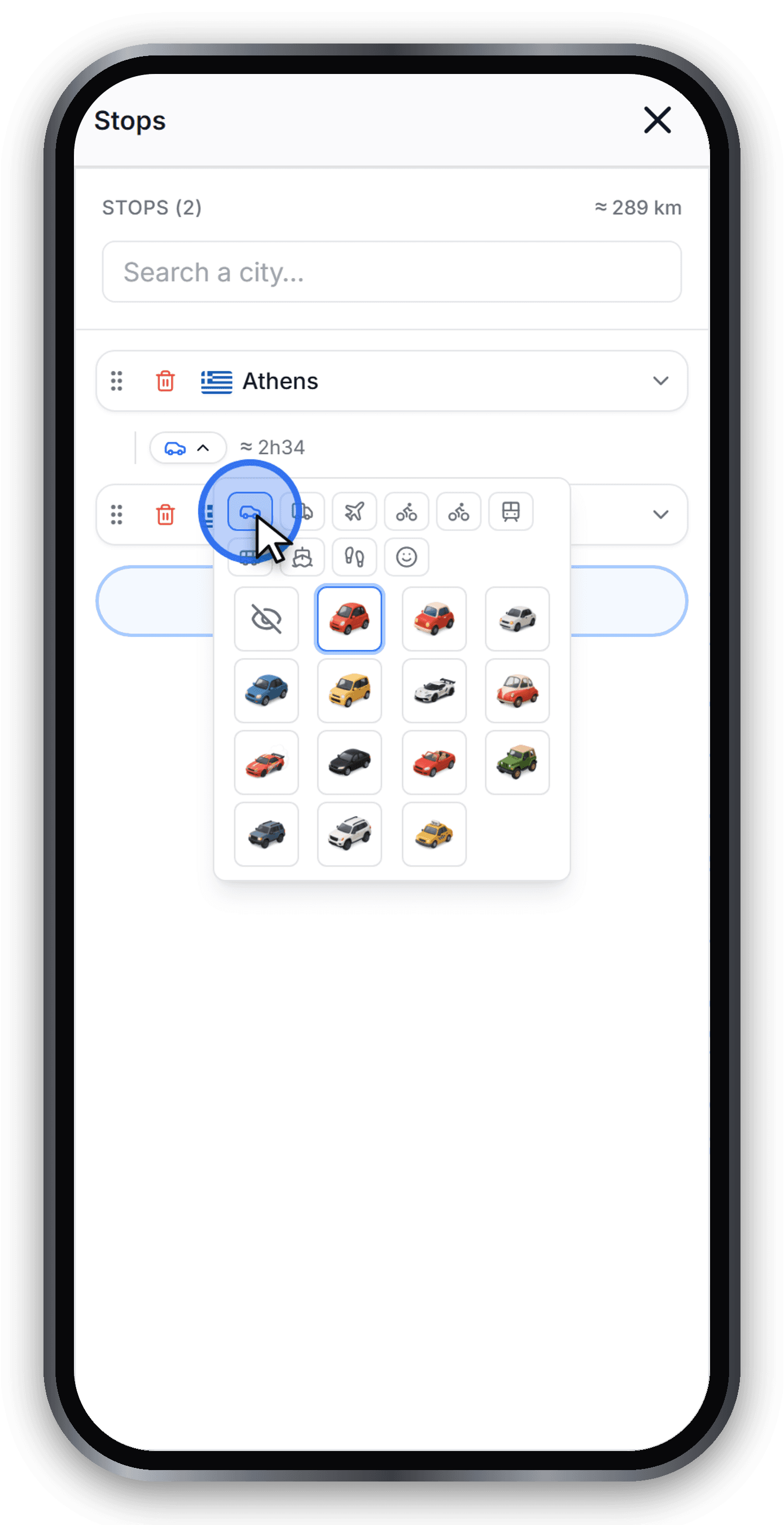Vehicle picker showing the transport mode row and the 3D car models grid