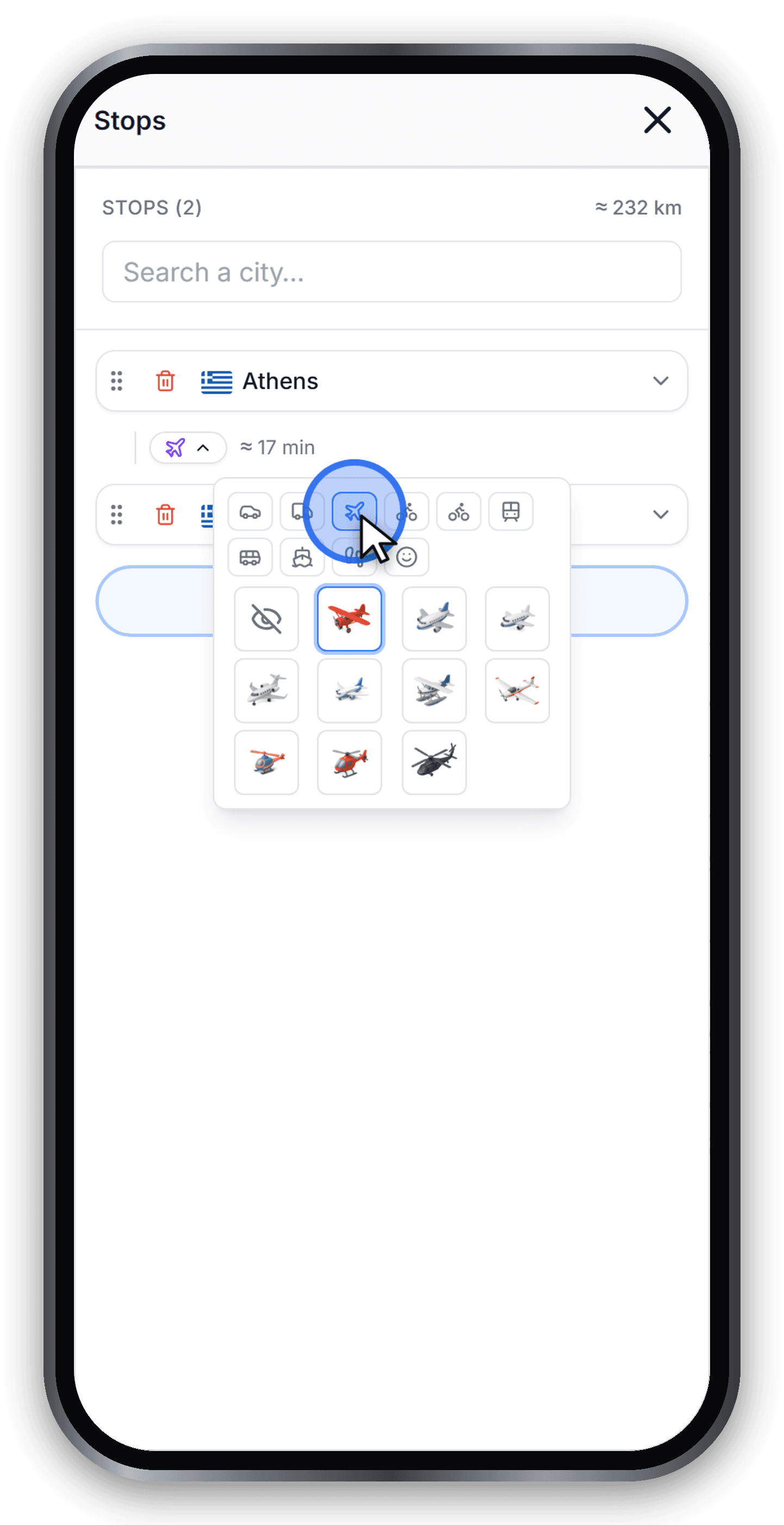 The vehicle picker with the plane mode selected, showing a shorter straight-line distance