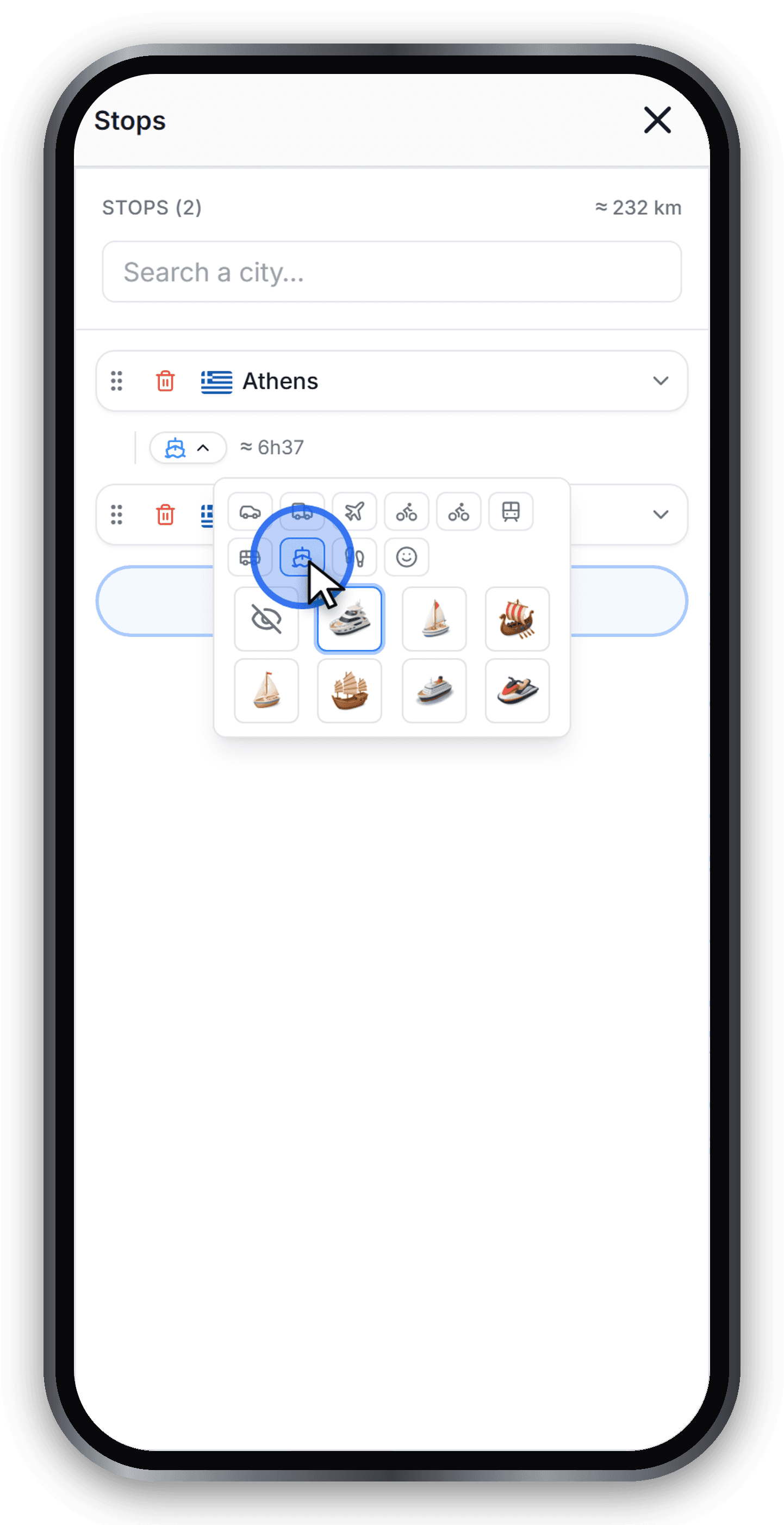 The vehicle picker with the boat mode selected on the Athens to Santorini leg