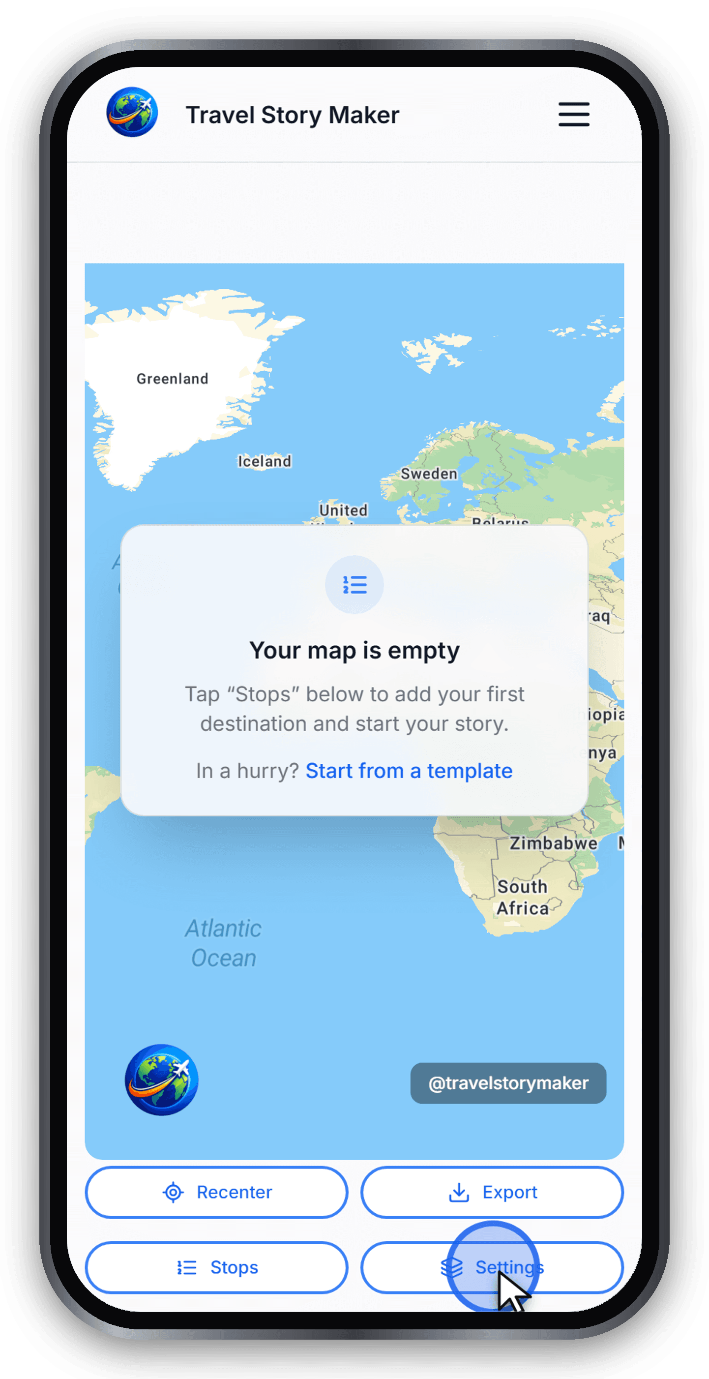 The Travel Story Maker editor with an empty map