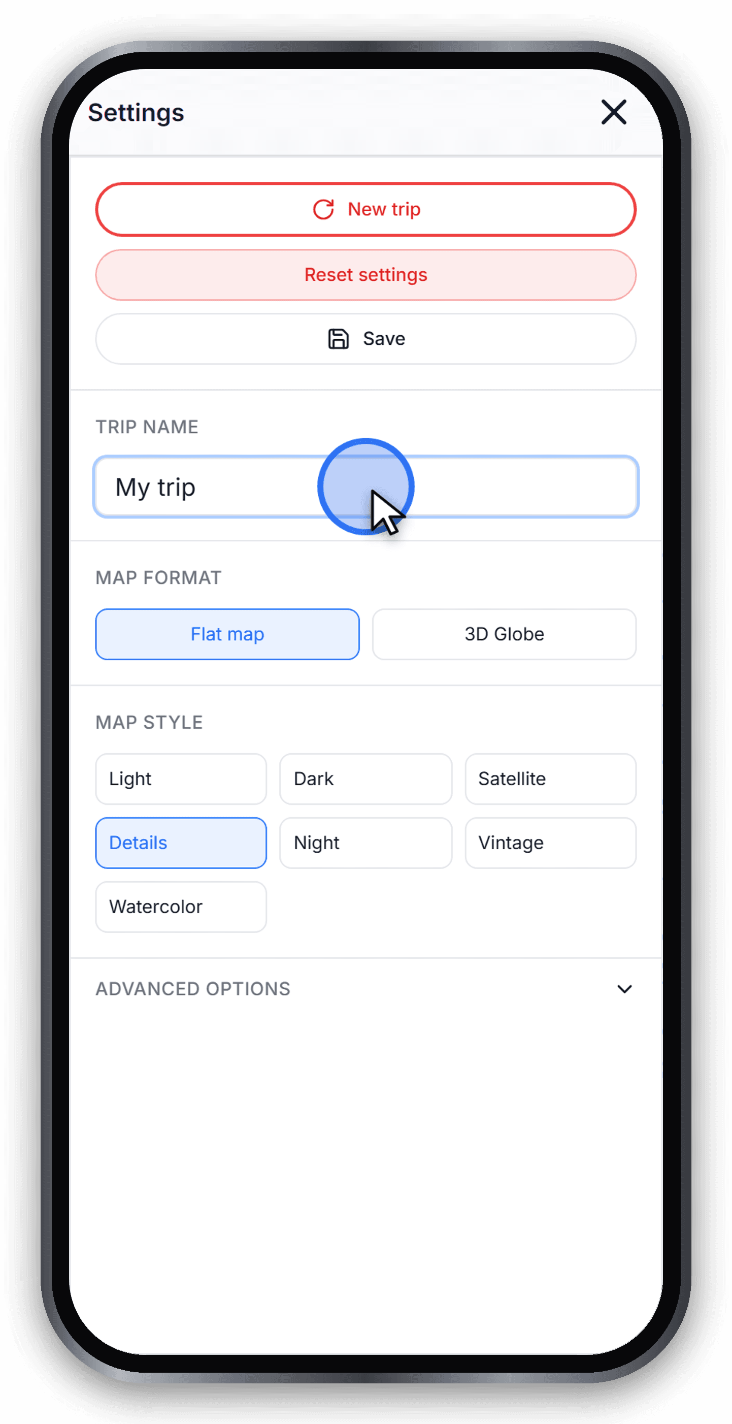 Naming the trip in the Settings panel