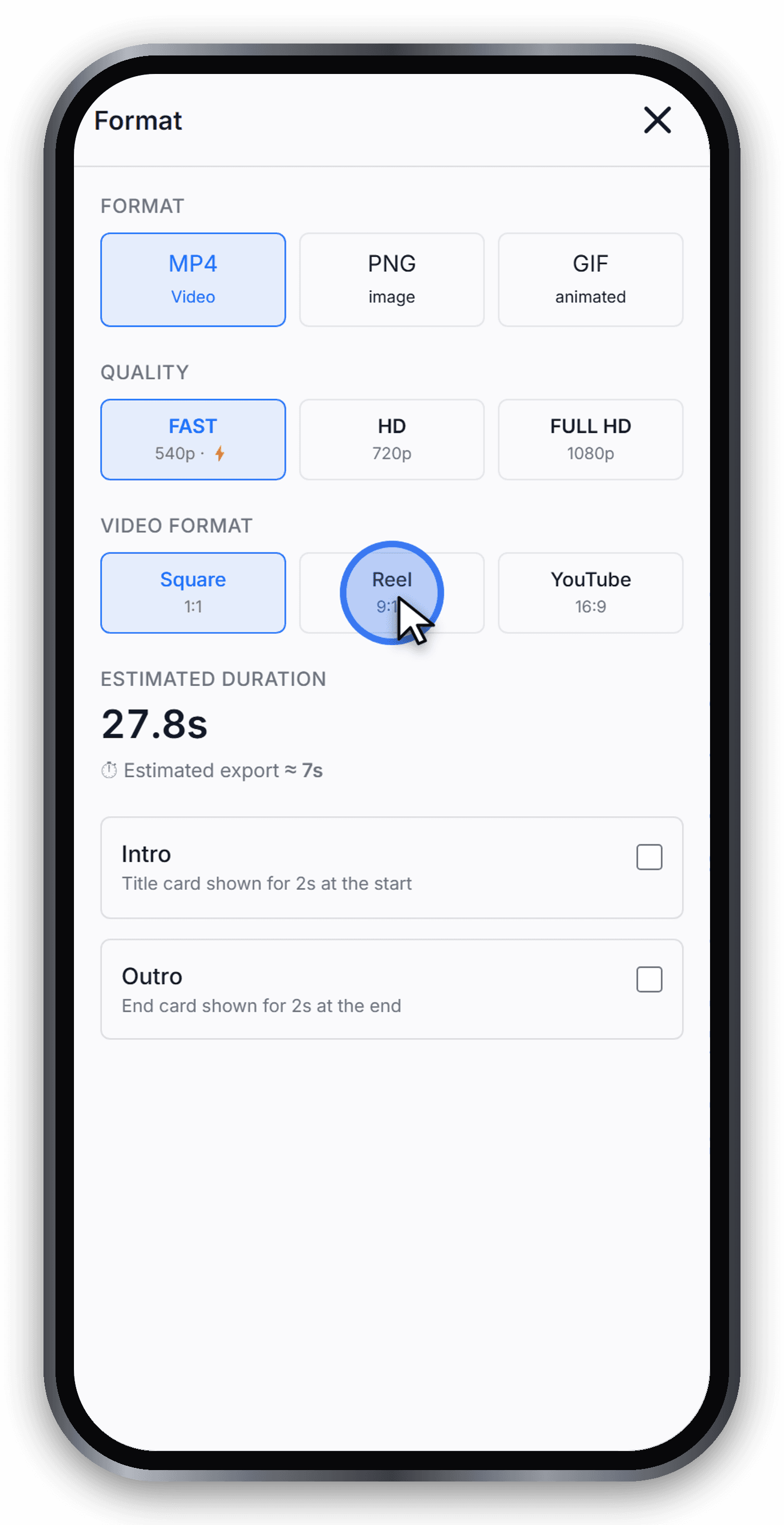 The vertical Reel format selected