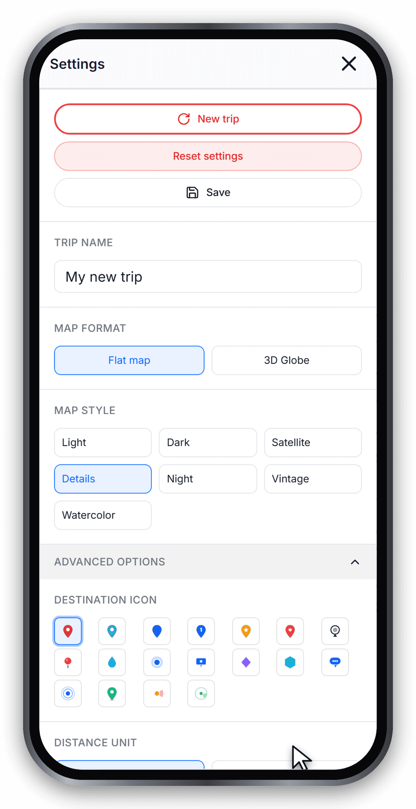 The Settings panel open on the Destination Icon grid in Advanced Options