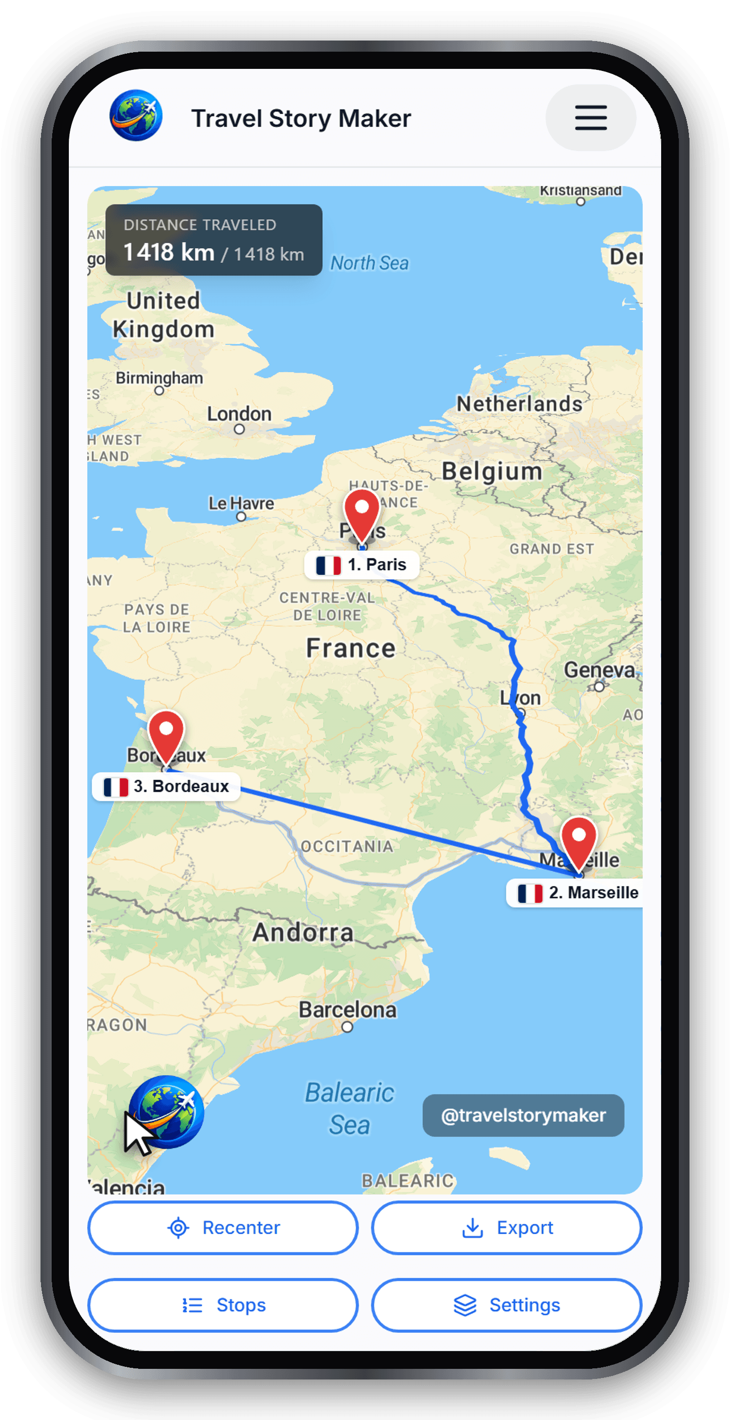 Paris, Marseille and Bordeaux marked with red pins on the map