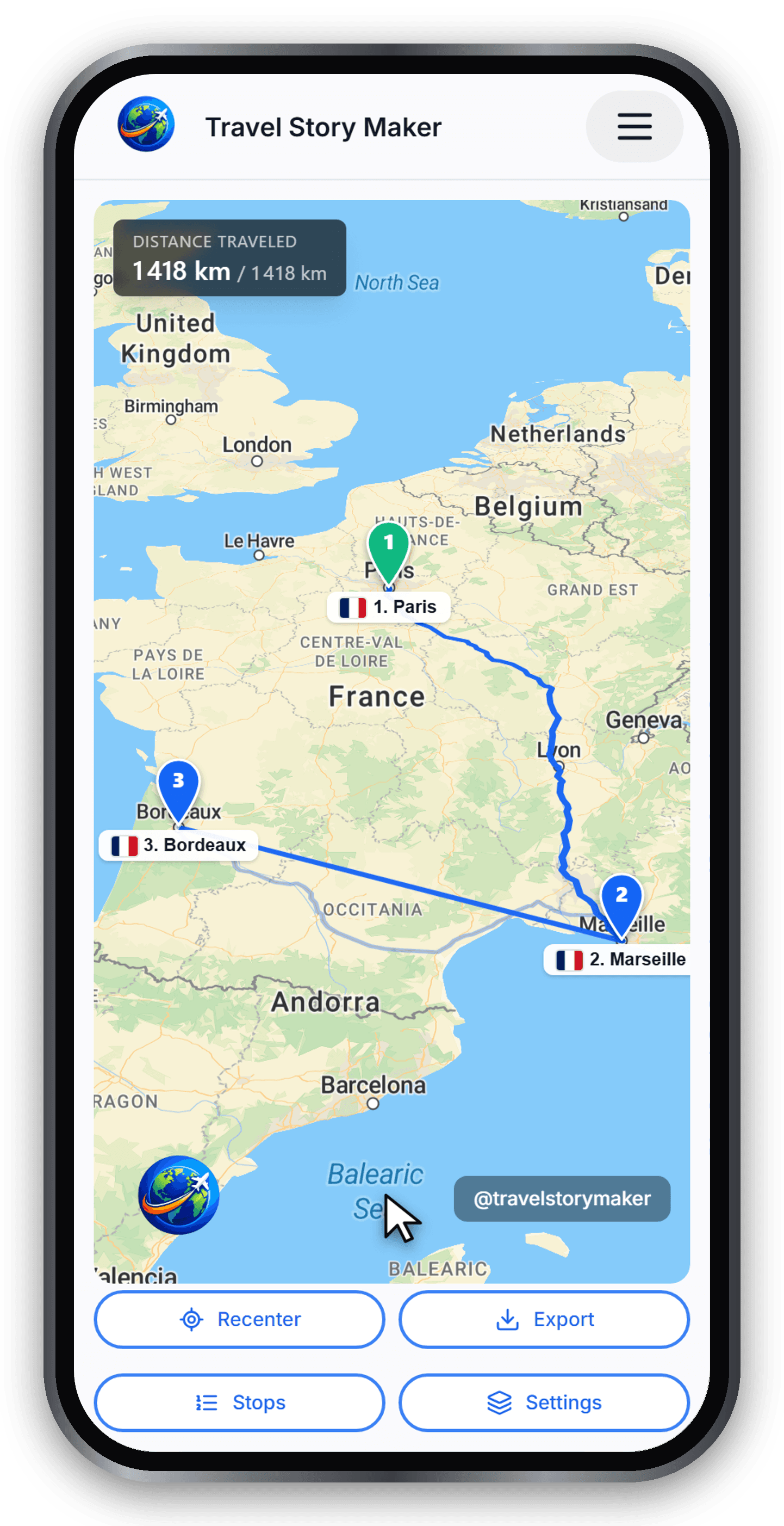 The same route with numbered teardrop markers 1, 2 and 3