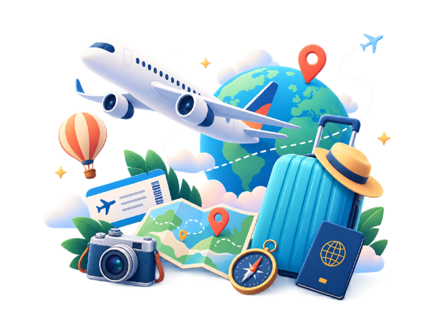 Illustration of a departing aeroplane, a globe, a suitcase, a folded map, a camera and a compass