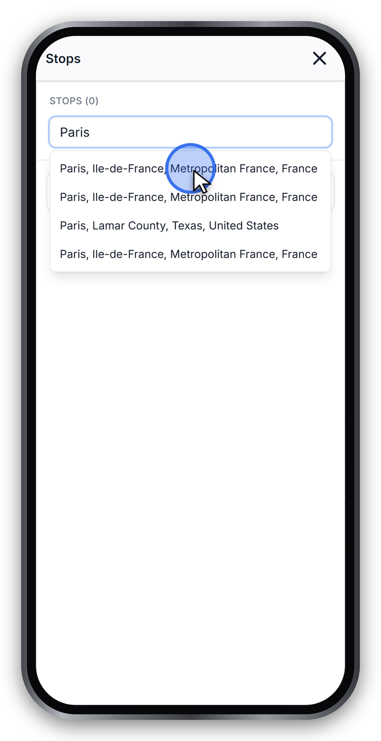 Searching for Paris and picking it from the geocoding results