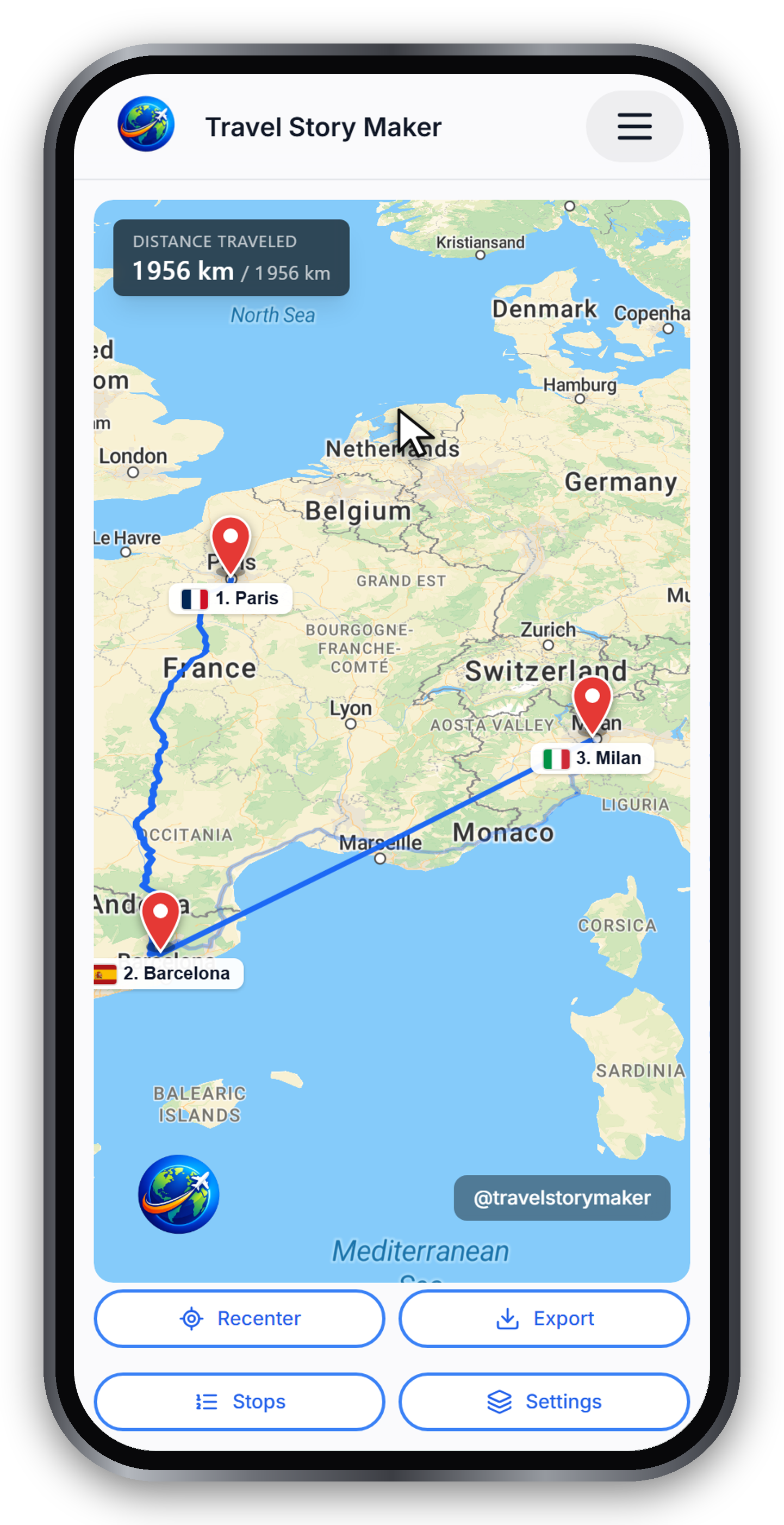 Paris to Barcelona to Milan route shown on the map