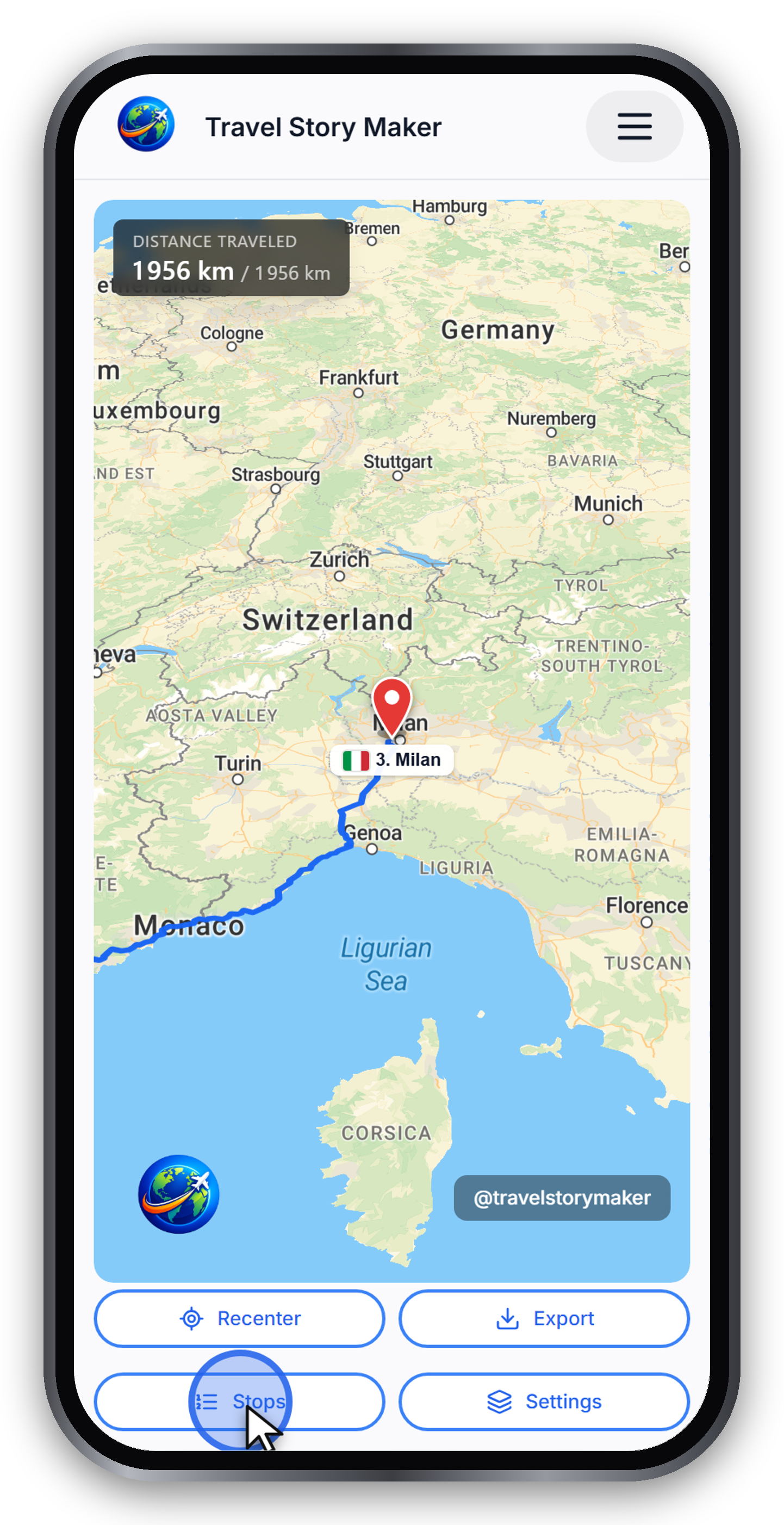 The stops list showing Paris, Barcelona and Milan with their legs
