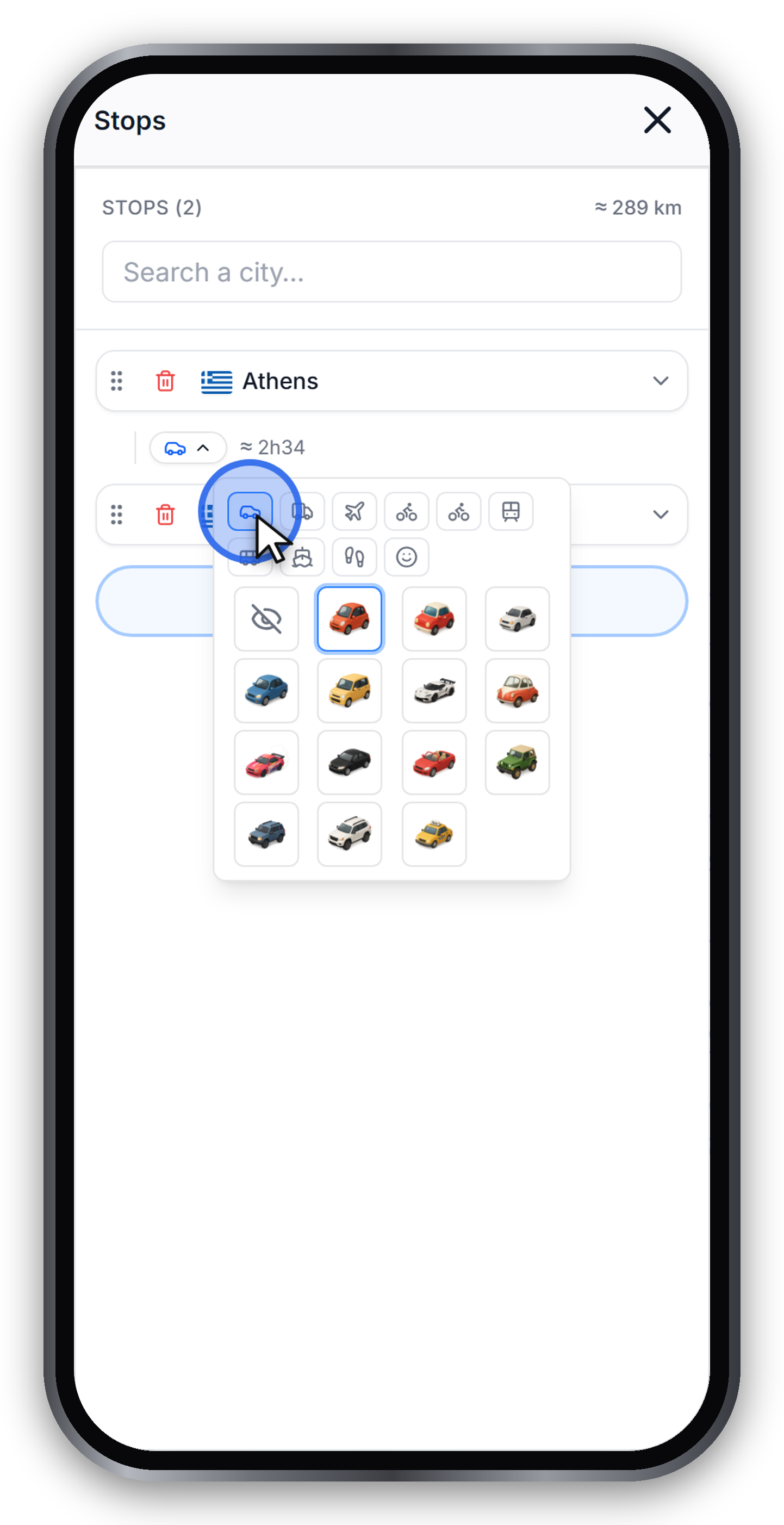 Vehicle picker showing the transport mode row and the 3D car models grid