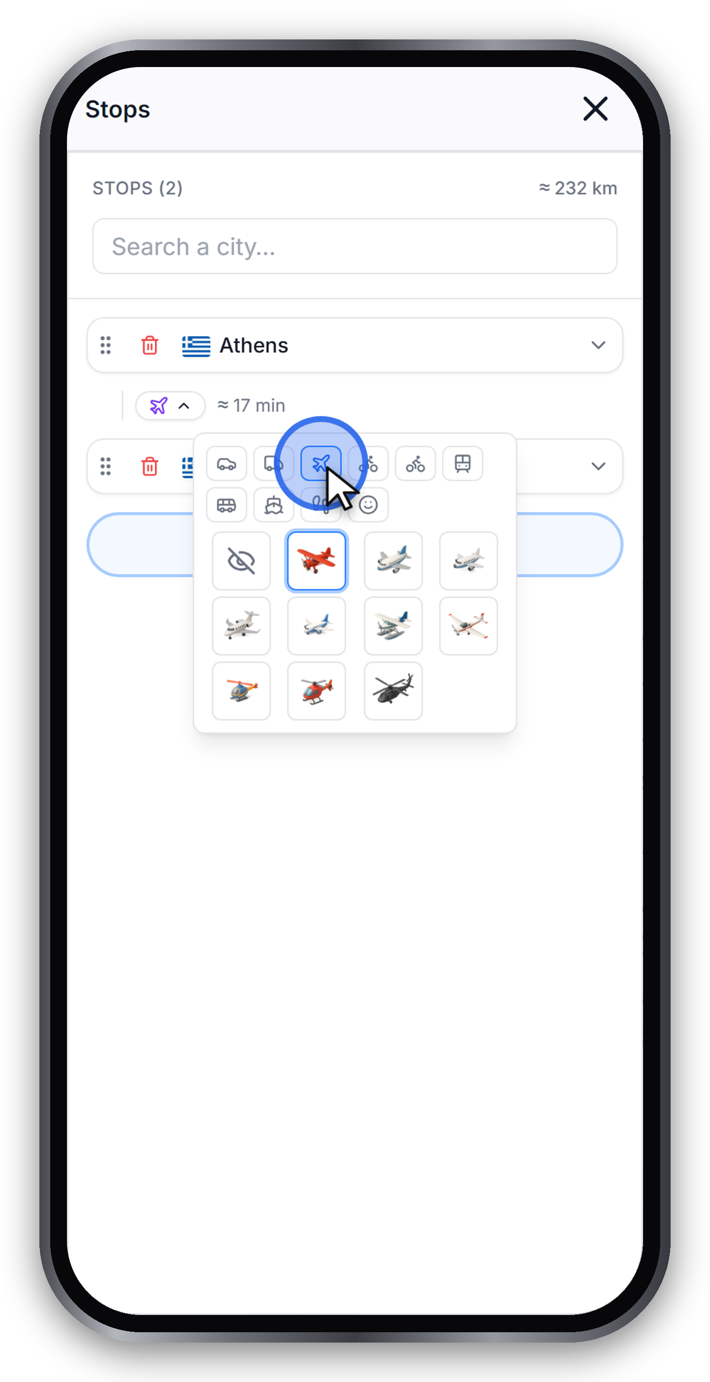 The vehicle picker with the plane mode selected, showing a shorter straight-line distance