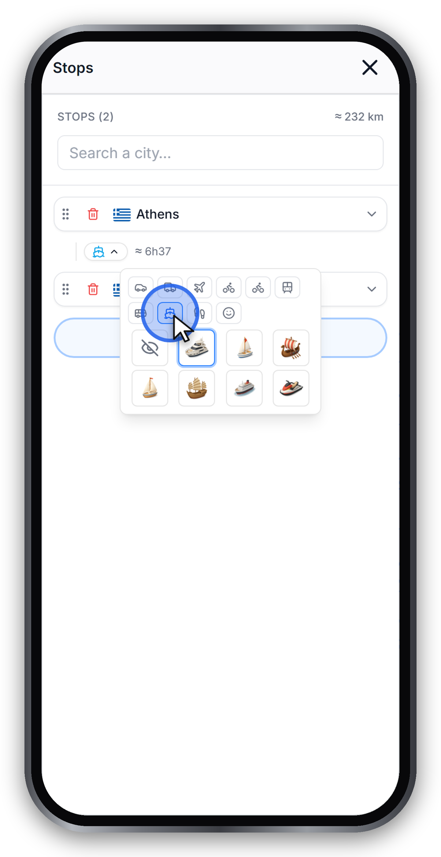 The vehicle picker with the boat mode selected on the Athens to Santorini leg