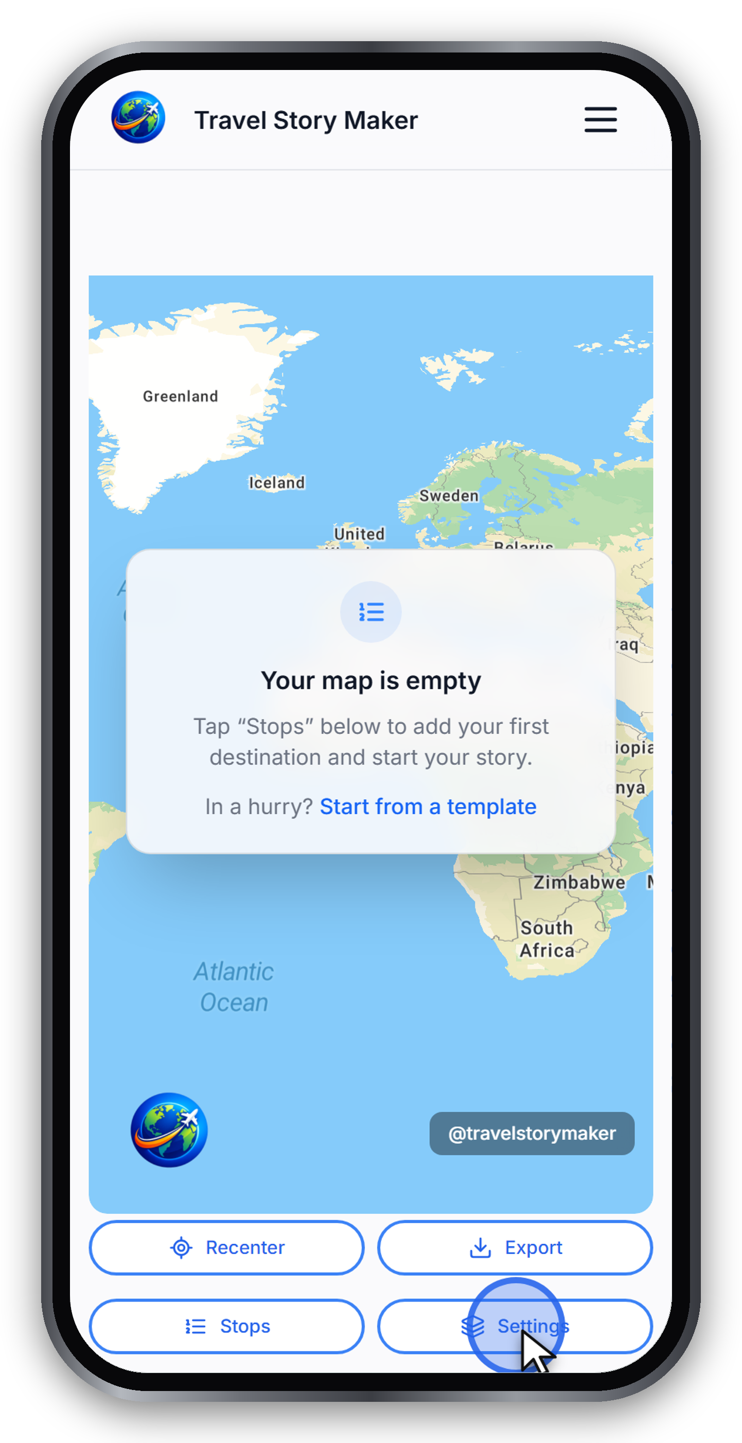 The Travel Story Maker editor with an empty map