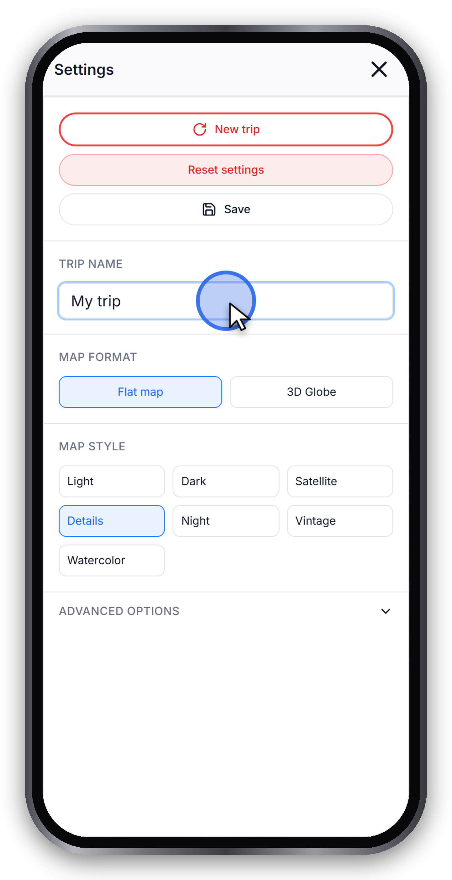 Naming the trip in the Settings panel