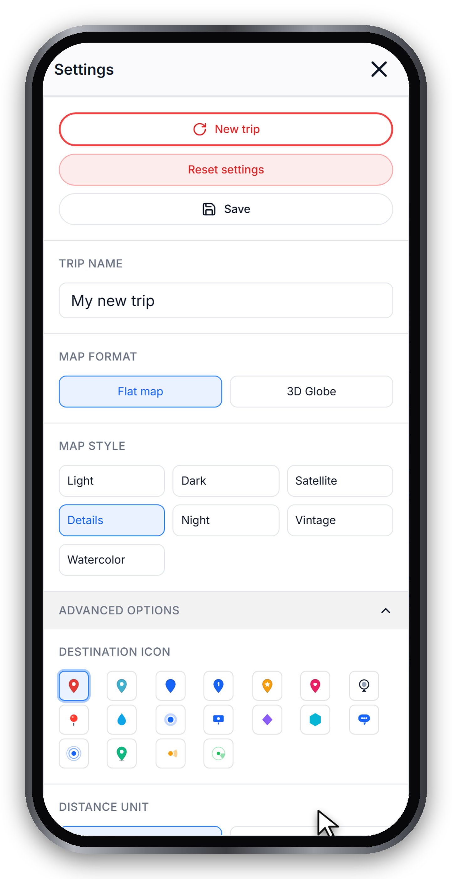 The Settings panel open on the Destination Icon grid in Advanced Options