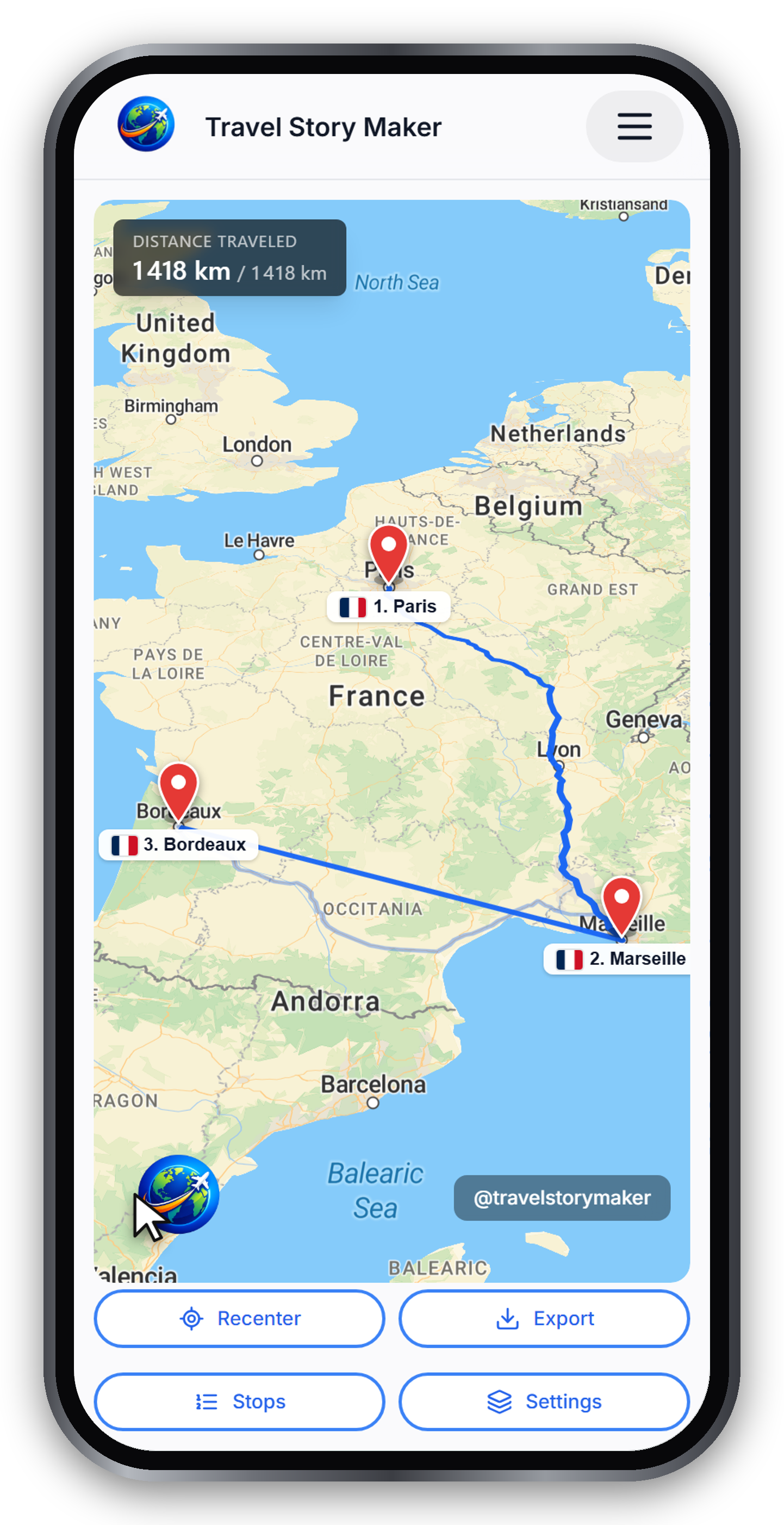 Paris, Marseille and Bordeaux marked with red pins on the map