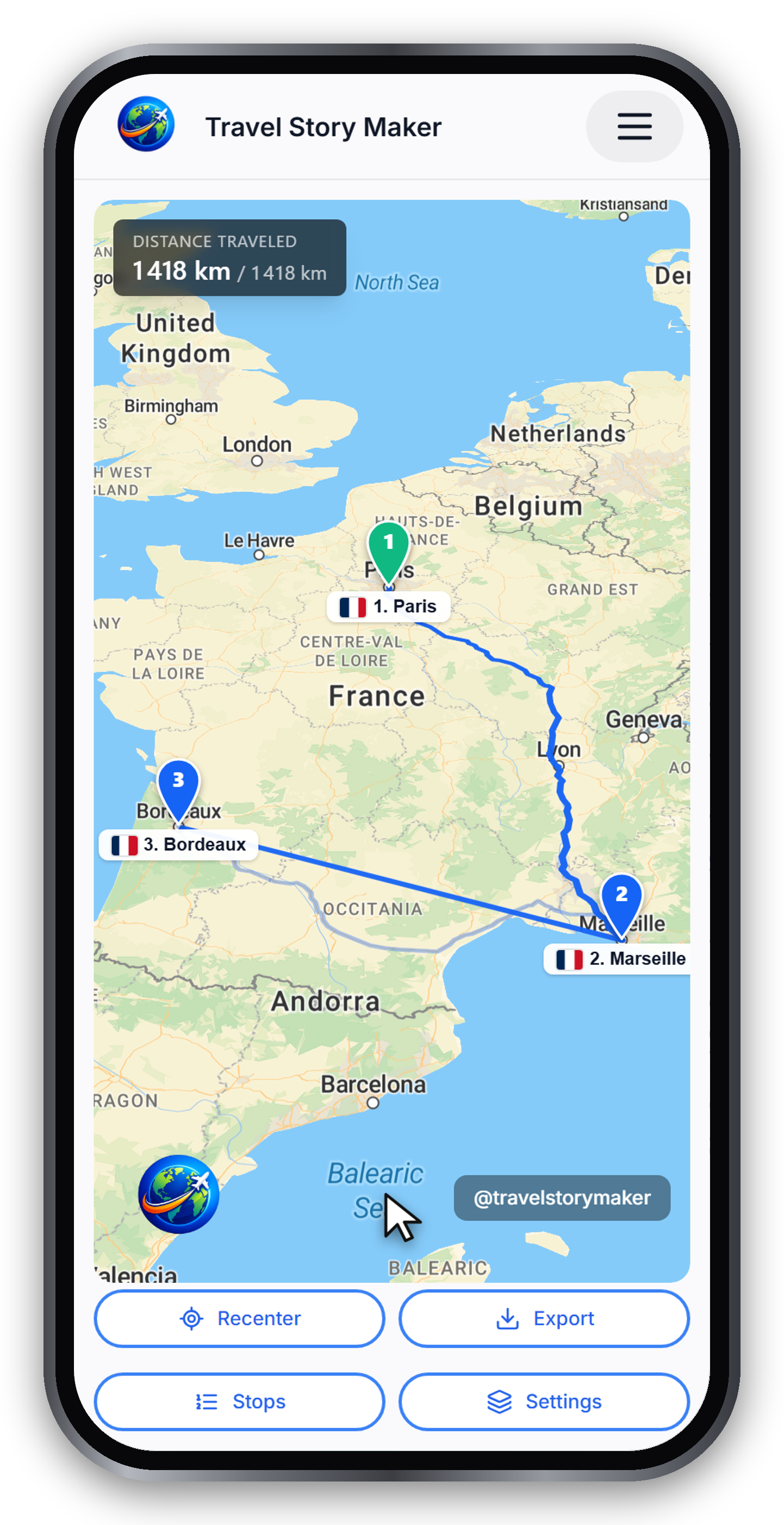 The same route with numbered teardrop markers 1, 2 and 3